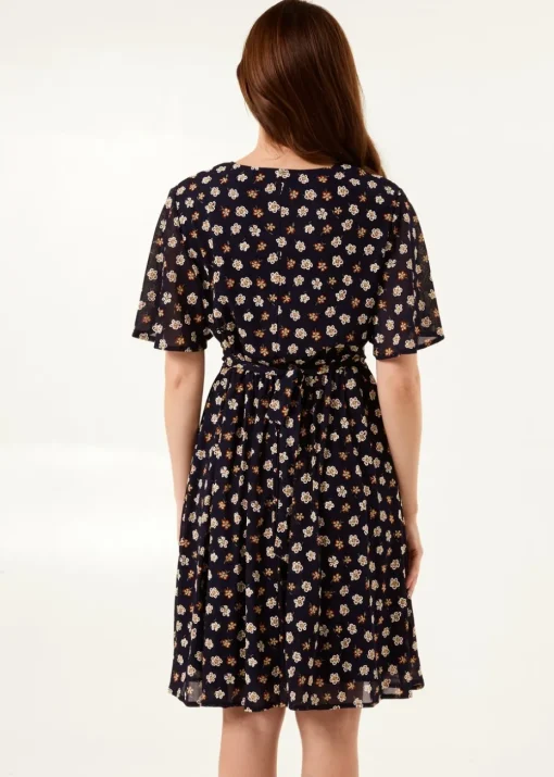 Blue Vanilla Navy V Neck Tie Back Flower Printed Mini Dress