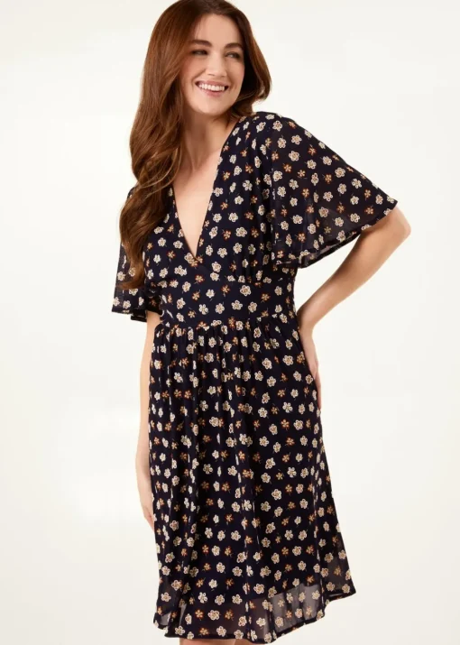 Blue Vanilla Navy V Neck Tie Back Flower Printed Mini Dress