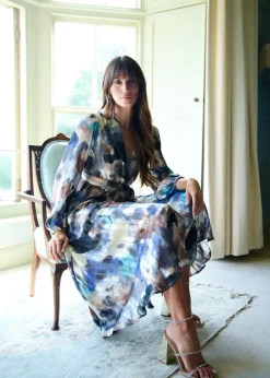 Blue Vanilla Navy Watercolour Wrap Maxi Dress