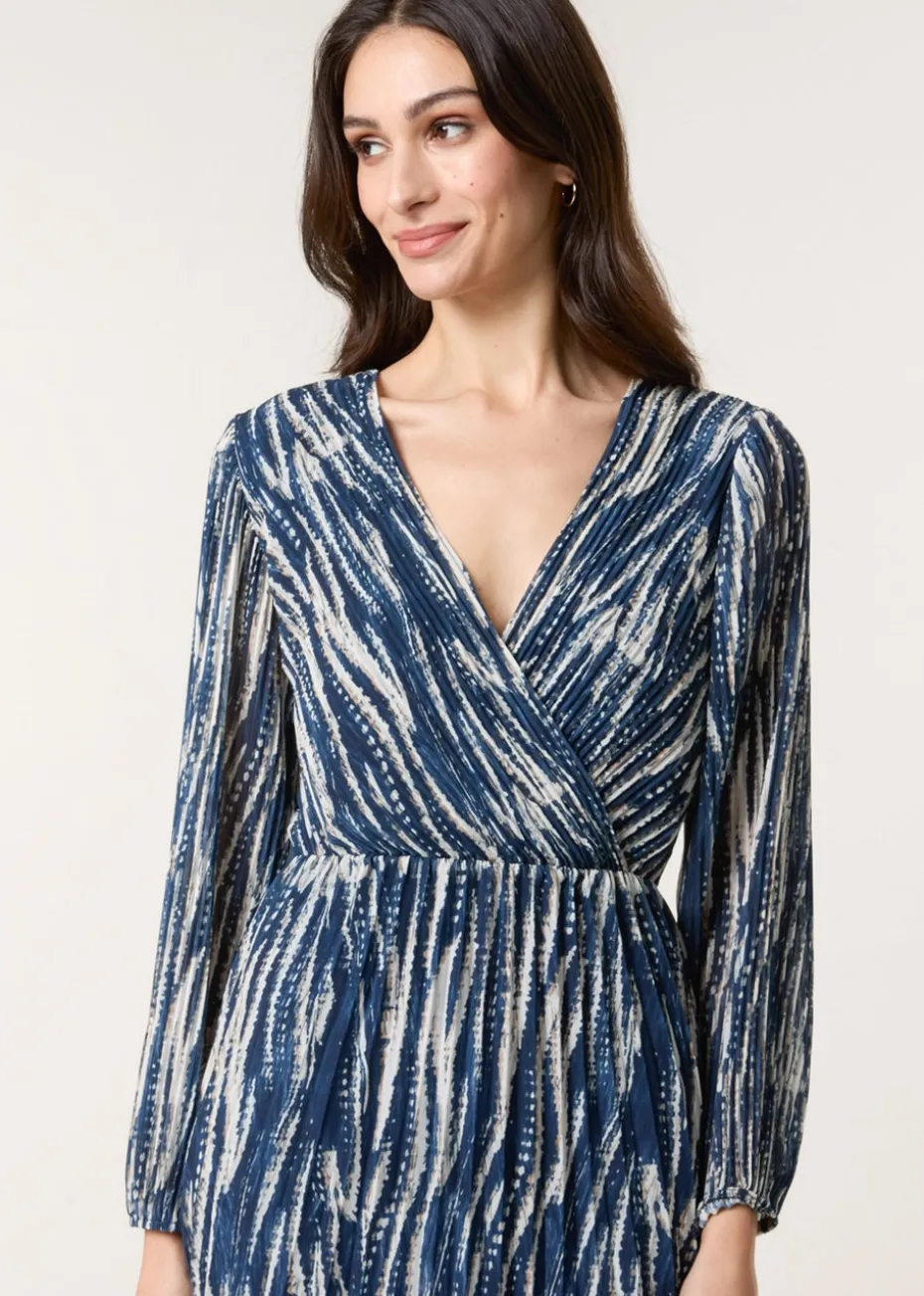 Blue Vanilla Navy Wave Print Pleated Wrap Front Dress