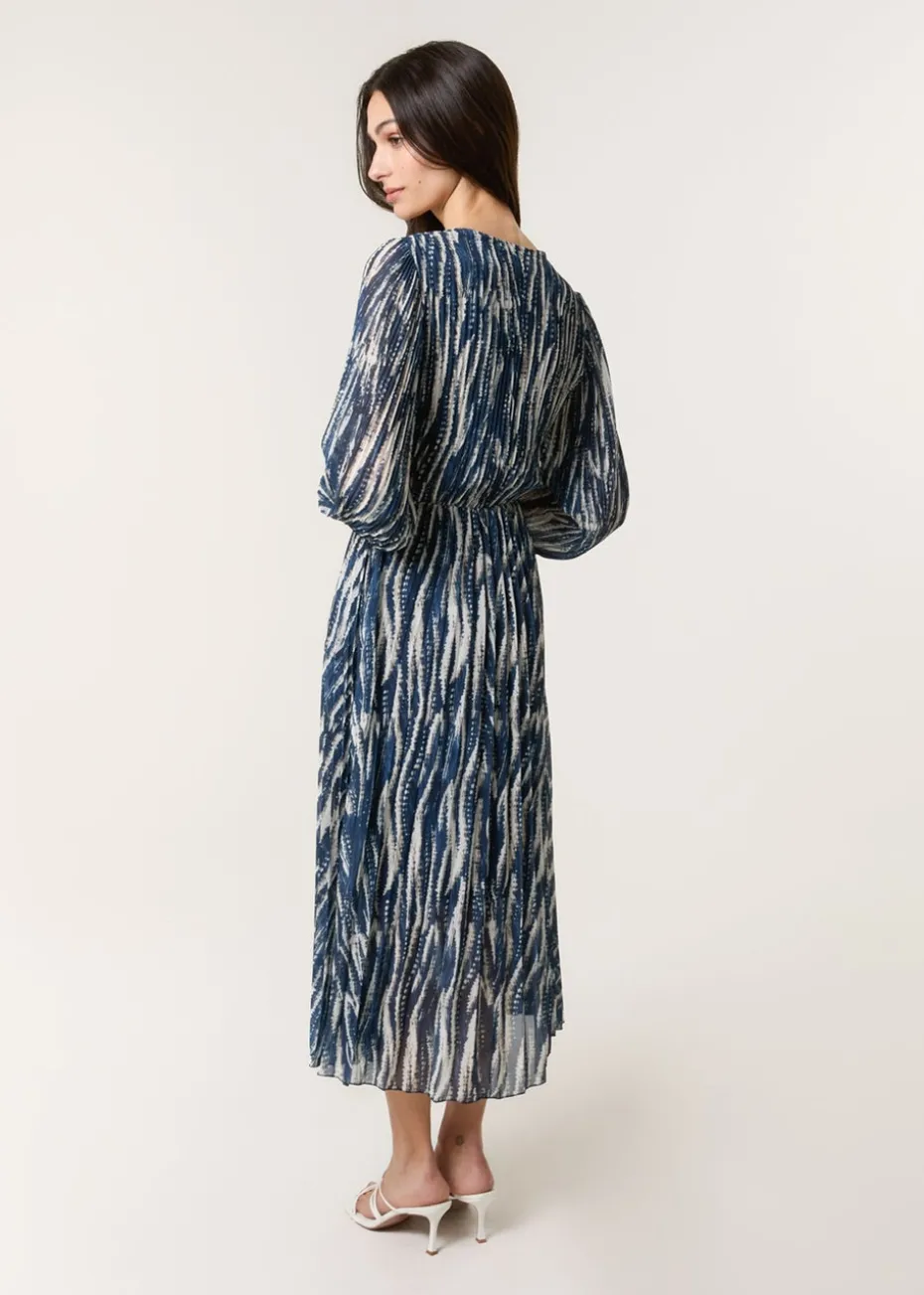 Blue Vanilla Navy Wave Print Pleated Wrap Front Dress