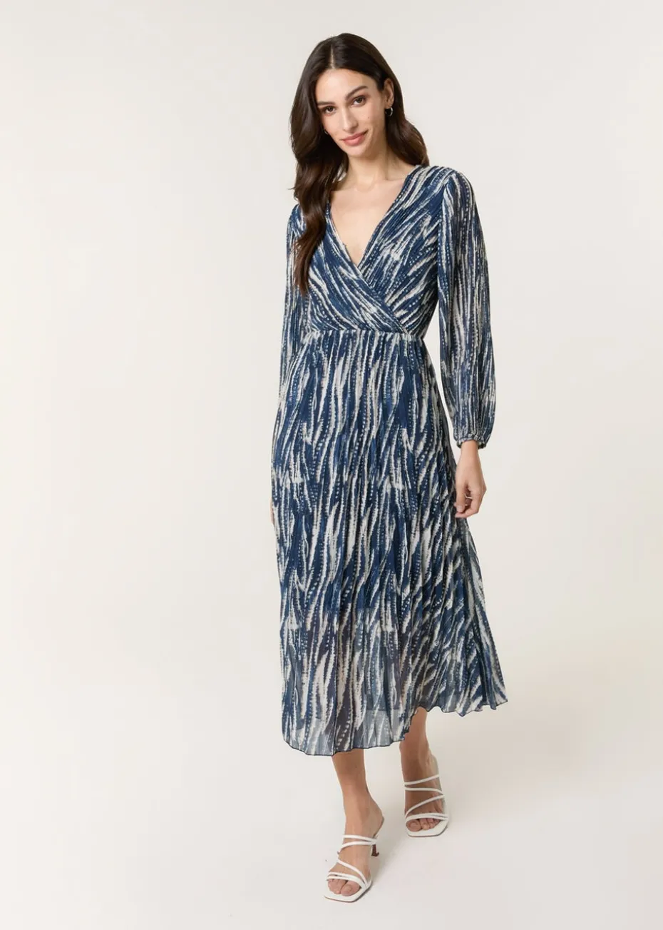 Blue Vanilla Navy Wave Print Pleated Wrap Front Dress