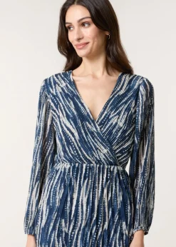 Blue Vanilla Navy Wave Print Pleated Wrap Front Dress
