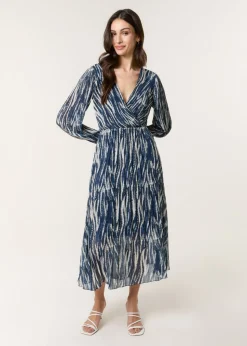 Blue Vanilla Navy Wave Print Pleated Wrap Front Dress