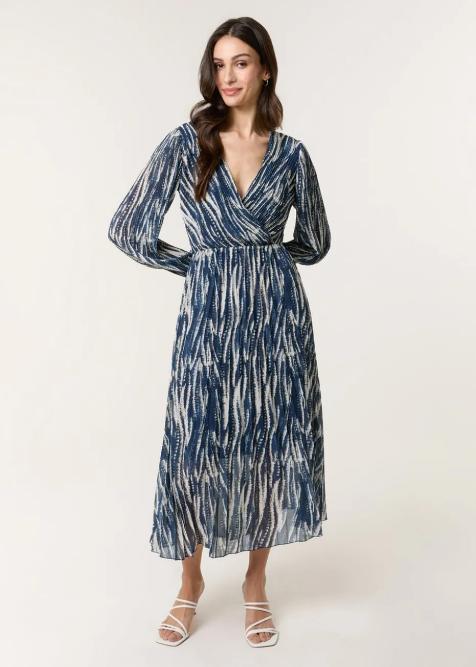 Blue Vanilla Navy Wave Print Pleated Wrap Front Dress