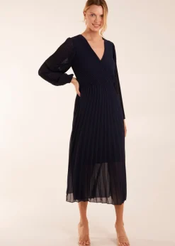 Blue Vanilla Navy Wrap Front Pleated Maxi Dress