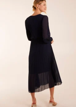 Blue Vanilla Navy Wrap Front Pleated Maxi Dress