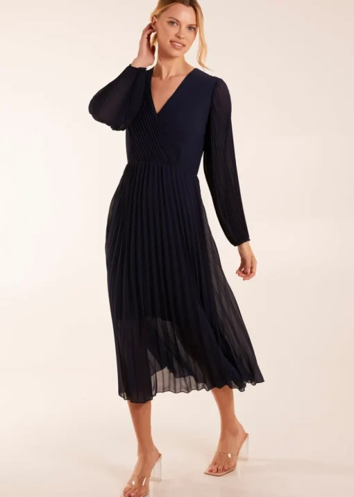 Blue Vanilla Navy Wrap Front Pleated Maxi Dress