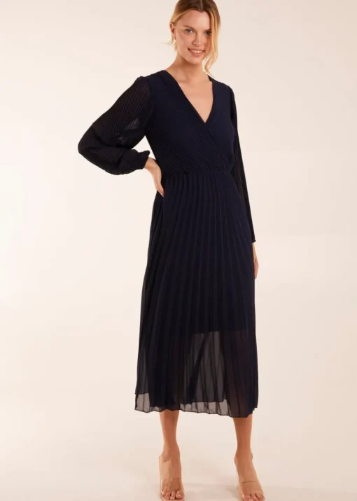 Blue Vanilla Navy Wrap Front Pleated Maxi Dress