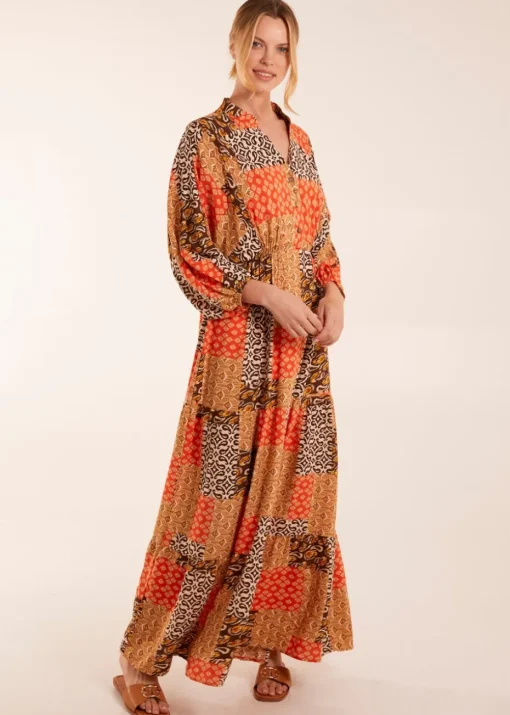 Blue Vanilla Orange Abstract Pattern Maxi Dress