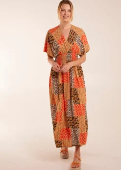 Blue Vanilla Orange Abstract Pattern V Neck Midi Dress