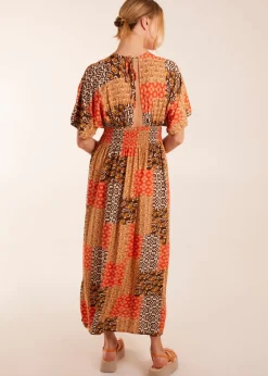 Blue Vanilla Orange Abstract Pattern V Neck Midi Dress
