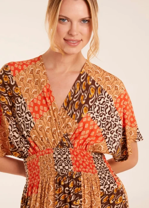 Blue Vanilla Orange Abstract Pattern V Neck Midi Dress