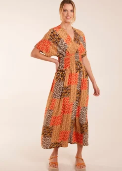 Blue Vanilla Orange Abstract Pattern V Neck Midi Dress