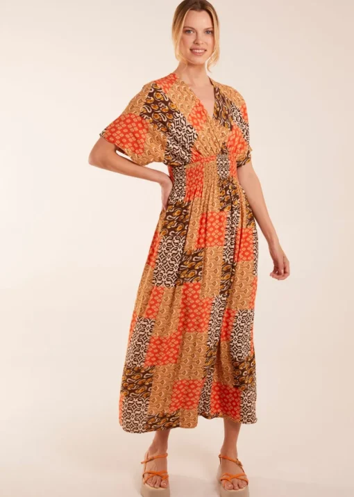 Blue Vanilla Orange Abstract Pattern V Neck Midi Dress