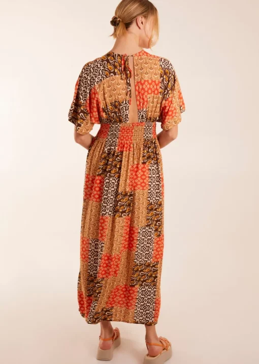 Blue Vanilla Orange Abstract Pattern V Neck Midi Dress