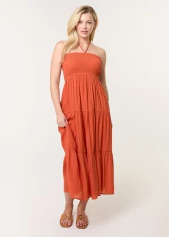 Blue Vanilla Orange Bandeau Tiered Midi Dress