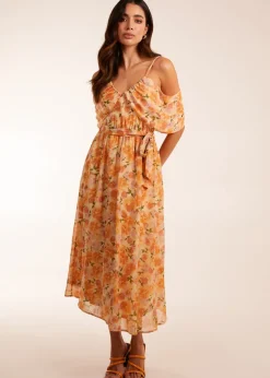 Blue Vanilla Orange Cold Shoulder Detail Chiffon Midi Dress