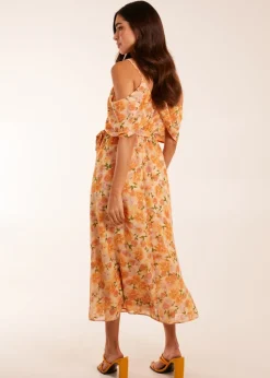 Blue Vanilla Orange Cold Shoulder Detail Chiffon Midi Dress