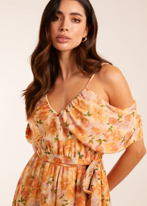 Blue Vanilla Orange Cold Shoulder Detail Chiffon Midi Dress