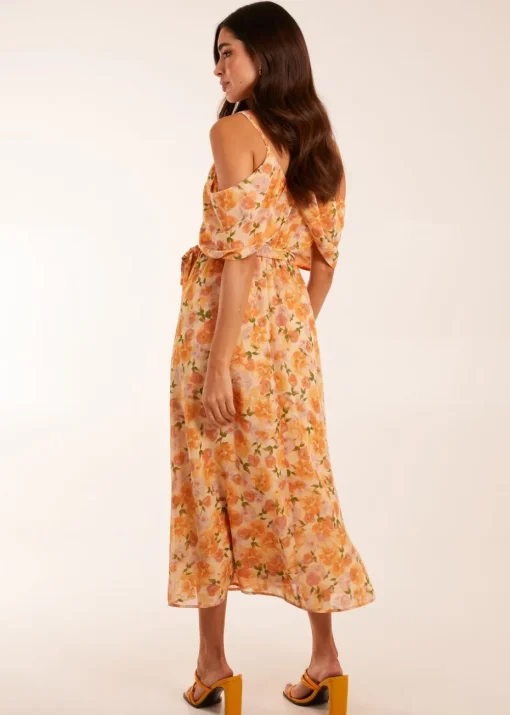 Blue Vanilla Orange Cold Shoulder Detail Chiffon Midi Dress