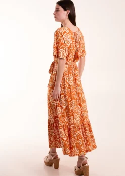 Blue Vanilla Orange Double V Midi Dress With Tassel Tie