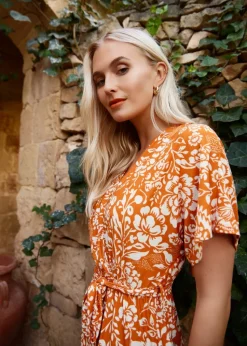 Blue Vanilla Orange Double V Midi Dress With Tassel Tie