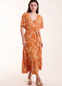 Blue Vanilla Orange Double V Midi Dress With Tassel Tie