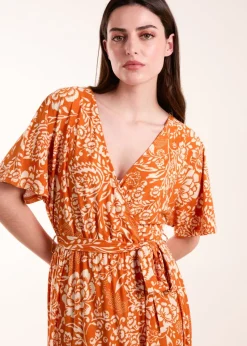 Blue Vanilla Orange Double V Midi Dress With Tassel Tie