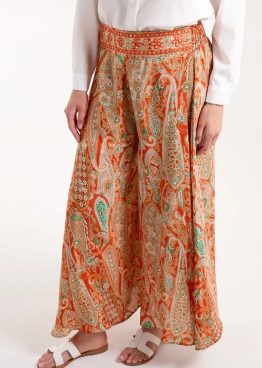 Blue Vanilla Orange Embellished Waist Wide Leg Trousers