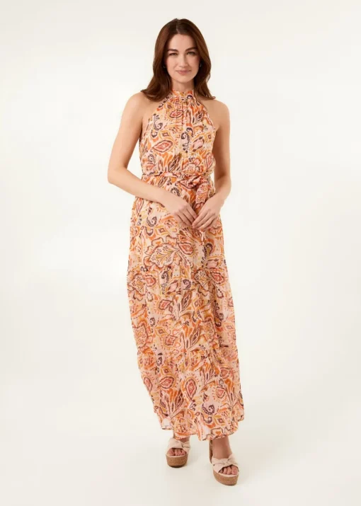 Blue Vanilla Orange Halter Neck Belted Waist Maxi Dress