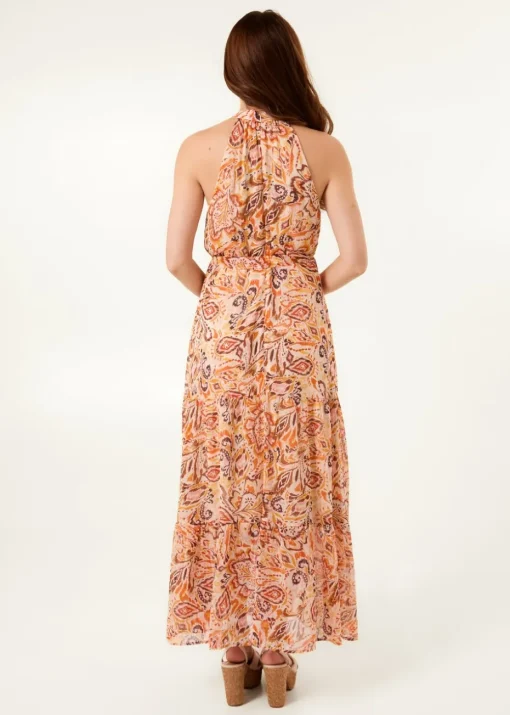 Blue Vanilla Orange Halter Neck Belted Waist Maxi Dress