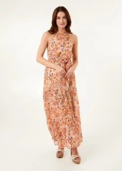 Blue Vanilla Orange Halter Neck Belted Waist Maxi Dress