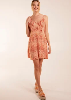 Blue Vanilla Orange Ruffle Wrap Front Cami Mini Dress