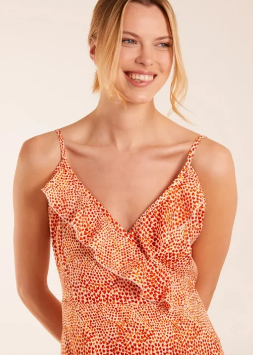 Blue Vanilla Orange Ruffle Wrap Front Cami Mini Dress