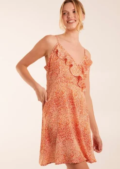 Blue Vanilla Orange Ruffle Wrap Front Cami Mini Dress