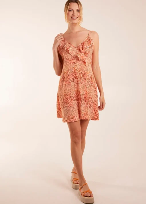 Blue Vanilla Orange Ruffle Wrap Front Cami Mini Dress