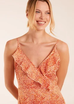 Blue Vanilla Orange Ruffle Wrap Front Cami Mini Dress