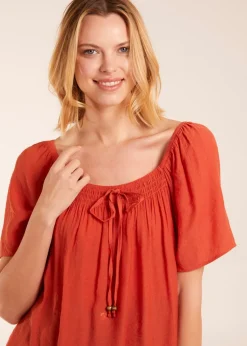 Blue Vanilla Orange Shirred At Front Swing Top