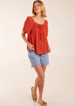 Blue Vanilla Orange Shirred At Front Swing Top