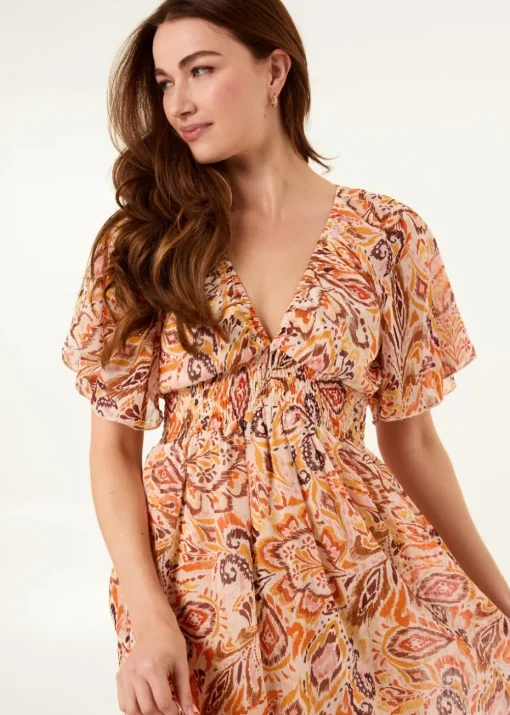 Blue Vanilla Orange V Neck Shirred Waist Mini Dress