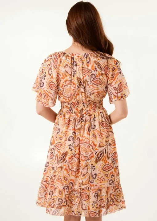 Blue Vanilla Orange V Neck Shirred Waist Mini Dress