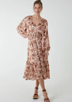 Blue Vanilla Pink Balloon Sleeve Midi Dress