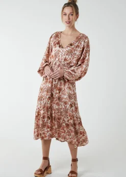 Blue Vanilla Pink Balloon Sleeve Midi Dress