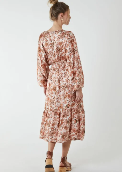 Blue Vanilla Pink Balloon Sleeve Midi Dress