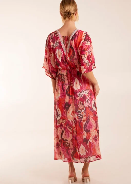 Blue Vanilla Pink Embellished Neck V Front V Back Midi Dress