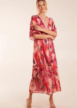 Blue Vanilla Pink Embellished Neck V Front V Back Midi Dress