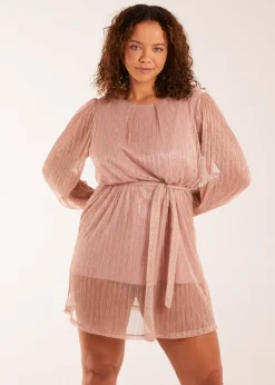 Blue Vanilla Pink Metallic Plisse Belted Dress