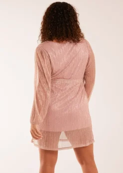 Blue Vanilla Pink Metallic Plisse Belted Dress