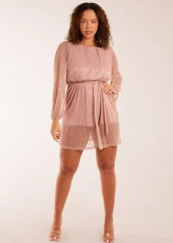 Blue Vanilla Pink Metallic Plisse Belted Dress